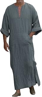 Kaftan Thobe Mens Short Sleeve V-Neck Linen Robe Big and Tall Muslim Robe Casual Loose Lightweight Long Sleeping Gown