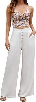 SVALIY Women Flowy Pants Cotton Linen Wide Leg Palazzo Pants Long Lounge Slacks High Waist Button Trousers Pocket