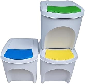 Large Stackable Recycling Bins Set of 3x25L (Brand KrysGo) - Customizable Lids with Recycling Stickers - Waste Sorting for Home, Kitchen, Office (White + Multi Coloured)