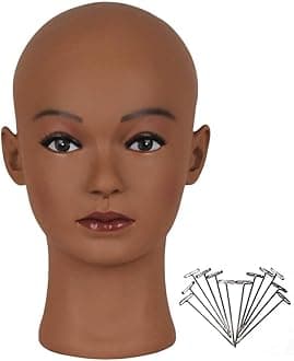 HAIRWAY Mannequin Head Bald Female Professional Cosmetology Training Head Bald Manikin Doll Head with Free T-pins Wigs Head Stand for Display(Dark Brown 21.5 Inch)