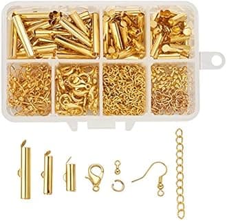 Beadthoven 250pcs Brass Slide On End Clasp Tubes with Twist Extender Chains & Jump Rings & Alloy Lobster Claw Clasps & Earring Hooks Tube Crimp Cord Ends Finding for Jewelry Making (Golden)