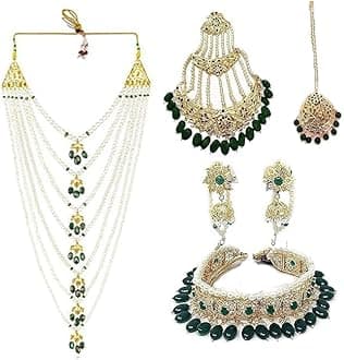 Bridal Hyderabadi Red/Green Ruby Satlada Long Princess Necklace with Jhumka Earrings in Cultured Pearls and Simulated Ruby Emerald beads for Womens & Girls