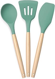 PANCA Silicone Non Stick Spatula Set of 3,Non Stick Serving Spoon | Silicone Spatula Set for Cooking and Serving | Kitchen Tool (Green,Set of 3 Piece)