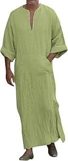 Kaftan Thobe Mens Short Sleeve V-Neck Linen Robe Big and Tall Muslim Robe Casual Loose Lightweight Long Sleeping Gown