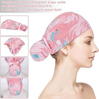 6 Pcs Scrub Caps Women Nursing Hats with Buttons Adjustable Bouffant Nurse Ponytail Holder Turban Patterns