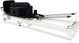 Foldable Pilates Reformer with Sitting Box, Double Jump Boards – Wooden Pilates Reformer Machine with Velvet Straps, German Springs, Smooth Aluminum Rails, Pilates Machine (Aluminum-Black)