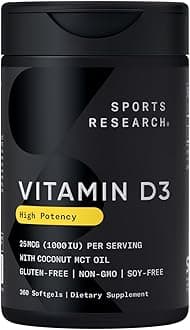 Vitamin D3 1000 IU with Coconut MCT Oil - High Potency Vitamin D Supplement for Immune & Bone Support - Gluten Free · Non-GMO · Soy Free - 360 Count Softgels