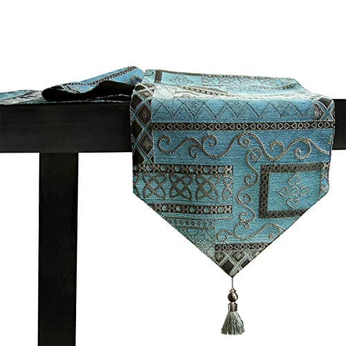 Artbisons Table Runner, 13x95 Inches Double Layer Jacquard Teal and Silver Table Runner with Tassel Mediterranean Collection for Dining Room Dresser Decor