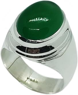 16 Carat Natural Yemeni Dark Green Aqeeq Mens Plain Heavy Ring Sterling Silver 925 Handmade Sabz Aqeeq Ring Gift for Her Agate Ring Religious Ring (15.5)