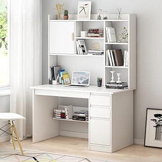 LITFAD Modern Computer Desk Work from Home Desk with Hutch, Bookcase and Integrated Cable Management, Rectangular Wood Office Desk 3 Drawers, 39.4" L x 17.7" W x 64.2" H, White