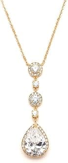 Mariell Mariell 14KT Gold Plated Bridal Necklace - Y-Style Pendant with Round & Pear-Shaped CZ Teardrop