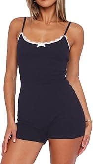 LacozySexy One Piece Onesie Pajamas for Women Lace Trim Short Romper Pjs U Neck Sleeveless Bodysuit Summer Sleepwear
