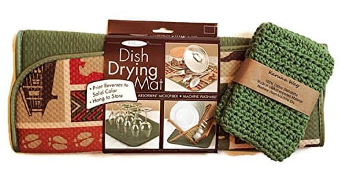 The Original Dish Drying Mat, Microfiber, Rustic Lodge, with Hand-made Dish Cloths