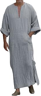 Kaftan Thobe Mens Short Sleeve V-Neck Linen Robe Big and Tall Muslim Robe Casual Loose Lightweight Long Sleeping Gown