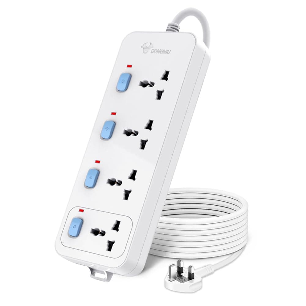 4-Way Multi Plug Power Extension Cord 3M with 4 Universal Sockets, Individual Switches, Hanging Holes, Power Strip Extension Lead for Home & Office