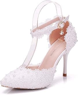 Women High Heels Sandals White Lace Pearls Wedding Shoes Pointed Toe Bridal Shoes