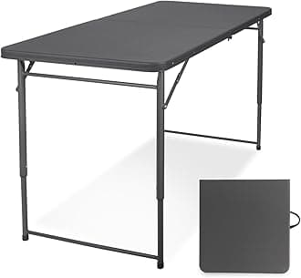 Folding Table 4 Foot, Portable Plastic Card Heavy Duty Fold-in-Half Small Foldable Table, Indoor Outdoor Adjustable Height Folding with Carrying Handle for Picnic, Camping, Party, Grey