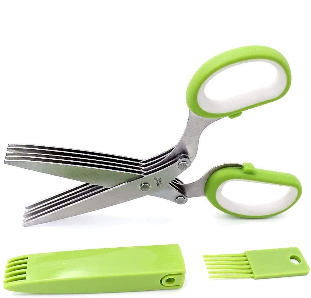Herb Scissors, Kmeivol Multipurpose Herb Cutter Scissors with 5 Blade Kitchen Fringe Scissors, Herb Shears with Safety Cover and Cleaning Comb, Herb Cutter/Chopper/Mincer