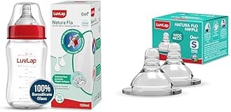 LuvLap Natura Flo Wide Neck Glass Feeding Bottle, 150ml & Luvlap Anti-Colic Natura Flo Teat/Nipple for Wide Neck Bottle, 2pcs, Slow Flow, 0m+