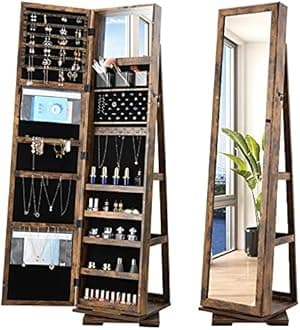 OUTDOOR DOIT QB2 360 Rotating Lockable Full Mirror Jewelry Organizer Wall Mounted/Door Mounted Jewelry Box For Women/Jewelry Cabinet Jewelry Armoire With Mirror/Full Length Mirror Brown