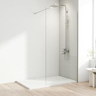 Shower Screen, 700 x 1900mm Chrome Finish Frameless Shower Screen with Support Bar – Reversible Left and Right. 8mm Easy to Clean Toughened Glass