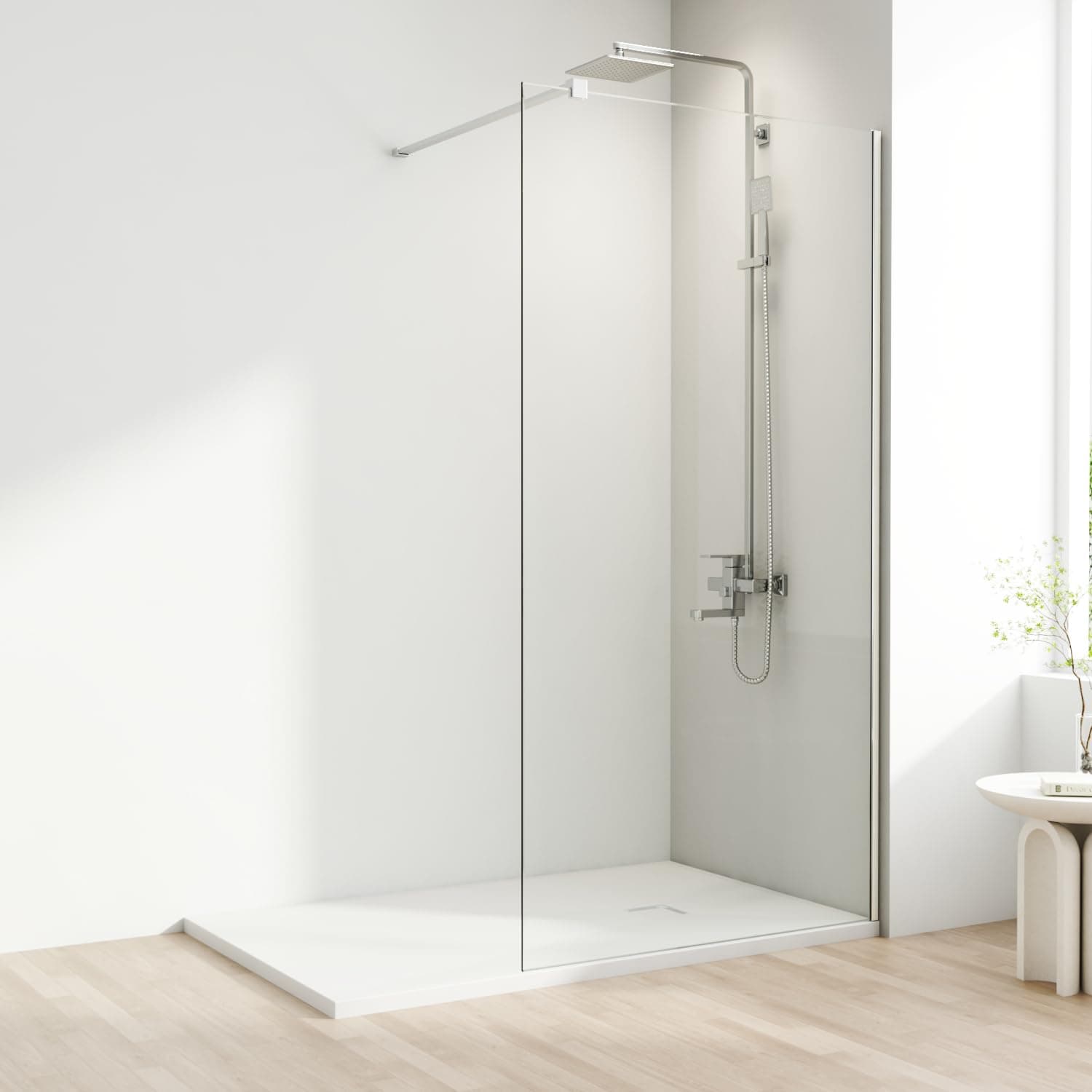 – Shower Screen, Frameless Shower Screen with Support Bar – Reversible Left and Right. 8mm Easy to Clean Toughened Glass (Chromed Trim with Clear Glass, 900mm)