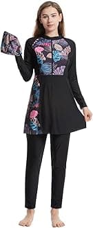 Women Muslim Swimsuit 3 Pieces Islamic Burkini Modest Swimwear Full Cover Rash Guard Long Sleeve Swim Top with Pants Hijab Swimming Costume Tankini Set Summer Beachwear