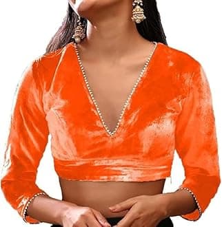 The India's Store Indian Women's Stylist Velvet Saree Blouse Stitched, Sari Choli/Top V-Neck, 3/4 Sleeve with Gotta Patti