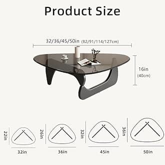 Triangle Coffee Table Modern Noguchi End Table, Solid Wood Base and 8mm Thick Tempered Glass Top Accent for Living Room Office Hotel Patio (Black Legs + Gray Glass, 36 * 26 * 16)