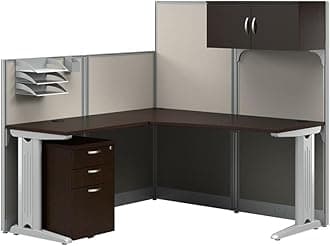 Bush Business Furniture Office in an Hour 65W L Shaped Cubicle Desk with Storage, Drawers, and Organizers in Mocha Cherry | Modern Computer Table Set with Privacy Panels for Commercial Workspace
