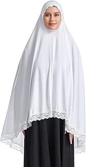 OLEMEK Women's Elegant Hijab Lace Trim Middle Eastern Islamic Jilbab Prayer Veils Headcover Headscarf White XL