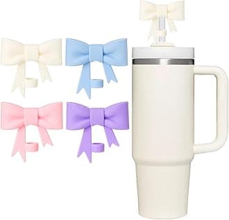 Bow Straw Cover Topper for Stanley Cup,Silicone Beige Pink Straws Toppers for Tumbler with Handle 40oz,Cute 10mm/0.4in Covers Cap,Reusable Lids for Stanleys Cups Accessories, 4Pcs