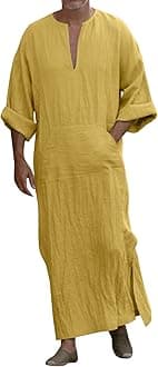 Kaftan Thobe Mens Short Sleeve V-Neck Linen Robe Big and Tall Muslim Robe Casual Loose Lightweight Long Sleeping Gown
