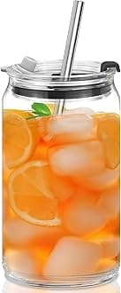 KELVEE Drink Glasses Can Shaped Cocktail Glasses, Beer Mug Glass Tumblers with Lids - Pack of 1 Glassware Sets Iced Coffee Soda Can Glasses Cool Iced Tea Mug - 500 ml Capacity Iced Tea (Coco)