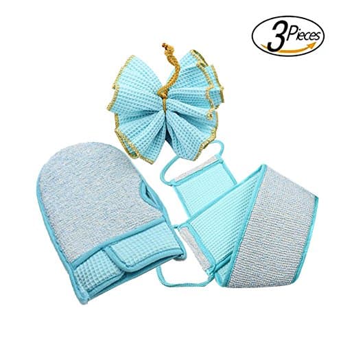 3 Pcs Body Back Scrubbers Set, JINYO Ramie Bath Back Strap & Bath Ball & Shower Rubbing Gloves for Men and Women (Blue)