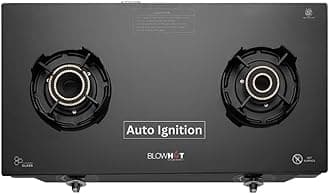 BLOWHOT Auto Ignition 2 Tornado Brass Burner Gas Stove Emerald - Toughened Glass Cook Top -ISI certified- Black Powder Coated Body - 2 Year Warranty By Blowhot on Burner, Gas Valve and Glass