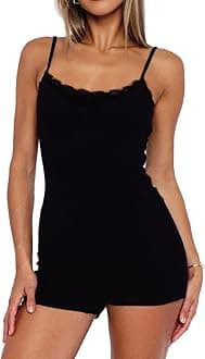 Lacozy Sexy One Piece Pajamas for Women Lightweight Lace Trim Cute Pjs U Neck Sleeveless Short Romper Onesie Sleepwear