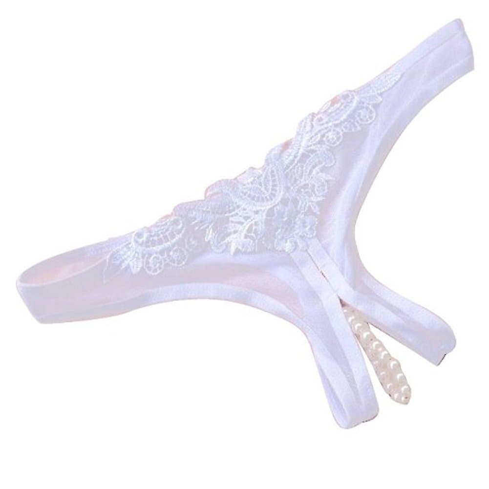 Women's Sexy Open Crotch Pearl Thongs G-string V-string Panties (free size, white)