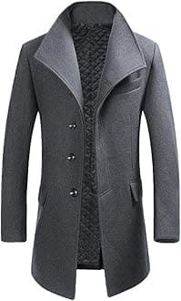 Allthemen Mens Winter Wool Trench Coat Mid Length Slim Fit Casual Stand Collar Overcoat