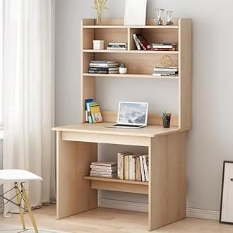LITFAD Modern Computer Desk Work from Home Desk with Hutch, Bookcase and Integrated Cable Management, Drawer Not Included, 23.6" L x 15.7" W x 59.8" H, Natural