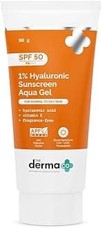 The Derma Co 1% Hyaluronic Aqua Gel Sunscreen SPF 50 PA++++ with Vitamin E, Oil-Free, No White Cast | Broad Spectrum UVA/UVB, Blue Light & Anti-Pollution Protection, Fast-Absorbing & Hydrating, 80g