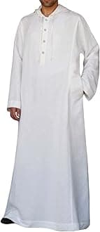 GenericMuslim Hooded Kaftans for Men Linen Robe Long Sleeve Button Down Long Gown Drawstring Shirts Thobe with Pockets
