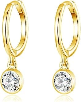 CZ Bezel Dangle Hoop Earrings for Women Girls 925 Sterling Silver Charms Minimalist Tiny Round Cubic Zirconia Drop Dangling Cartilage Helix Tragus Diamond Solicate Hypoallergenic Jewelry