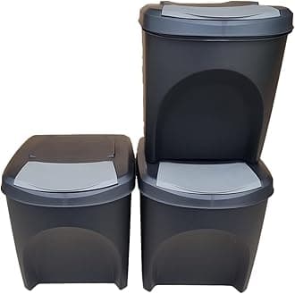 Large Stackable Recycling Bins Set of 3x25L (Brand KrysGo) - Customizable Lids with Recycling Stickers - Waste Sorting for Home, Kitchen, Office (Black + Grey)