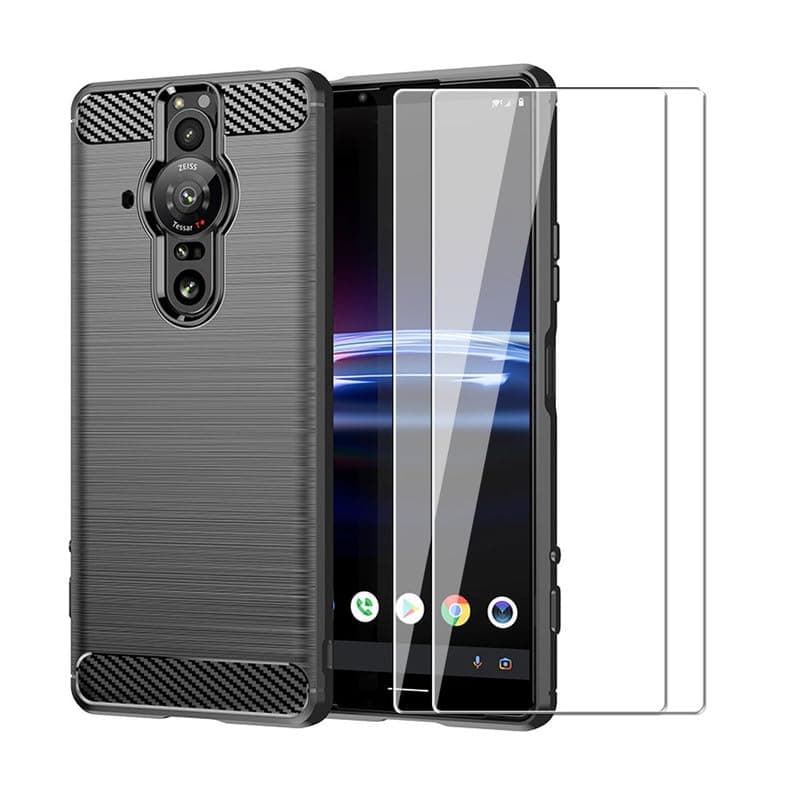 for Sony Xperia Pro-I Case with 2 HD Screen Protector, Upgraded Non-Slip Shock-Absorption Flexible TPU Carbon Fiber Bumper Soft Rubber Protective Phone Case Cover (Black)
