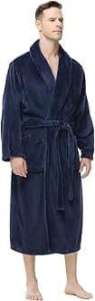Mens Fleece Robe, Soft Plush Robe for Men, Fluffy Bathrobe with Belt & 2 Pockets