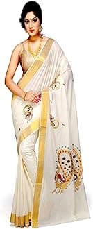 Cotton Kerala Kasavu Zari Embroidery Saree With Blouse, Kuthampully Kerala Kasavu Saree Onam Deevali Pongal (Designer #02)