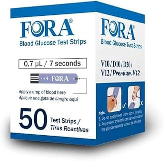 FORA Glucose Strips (50 ct/Vial) - V10 V12 D10 D20 PremiumV12 (NOT Compatible with Premium V10)