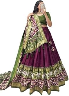 MITRA BIZ Patola Print Leheriya With Foil Work Tussar Silk Lehenga Choli