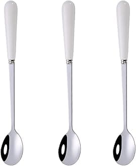 3PCS Mixing Spoons for Coffee, Dessert, Ice Cream, Milkshake, Stainless Steel Iced Teaspoon with Ceramic Handle Tablespoons Espresso Cocktail Stirring Spoons, 6.8-Inch (White)